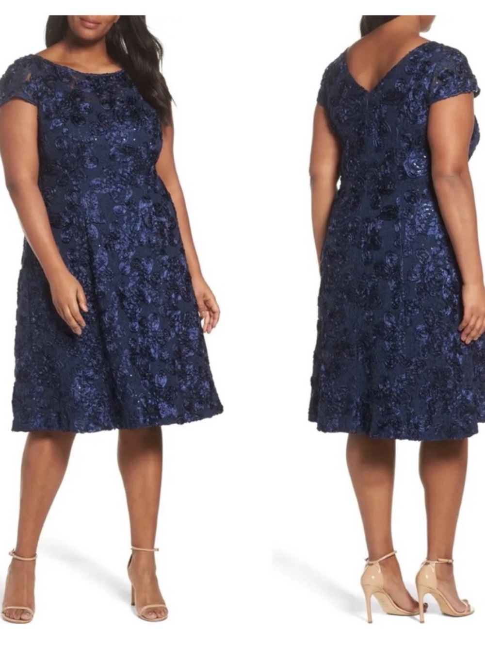 ALEX EVENINGS Sequin Lace Navy Blue Cocktail Dress